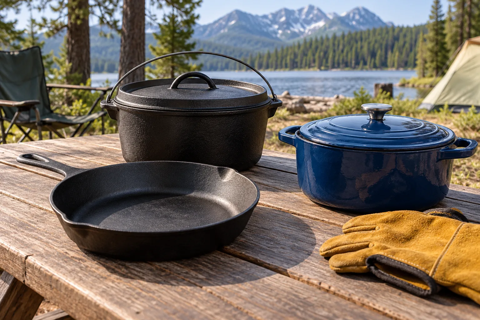 A cast-iron skillet and Dutch oven sit beside a blue enamel pot and heat-resistant gloves on a campsite table.