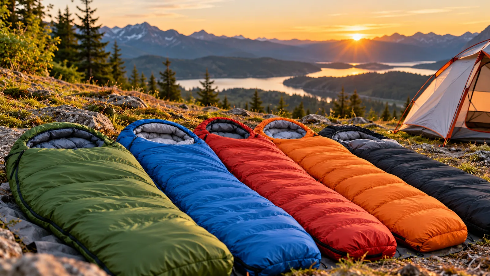 Five colorful sleeping bags arranged side by side at a campsite with a tent in the background.