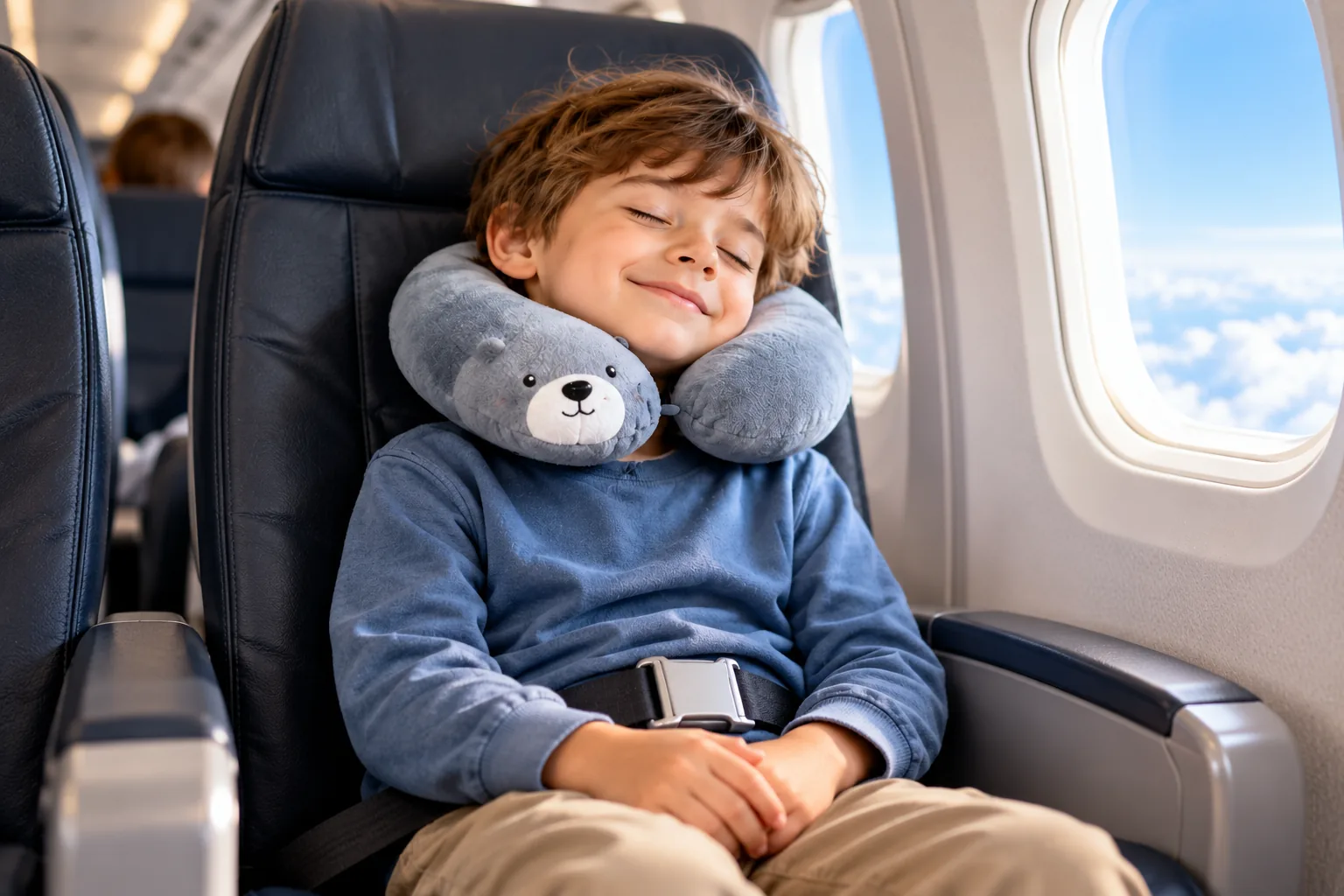 A child wearing a gray plush travel neck pillow sits in an airplane seat with a lap belt fastened.