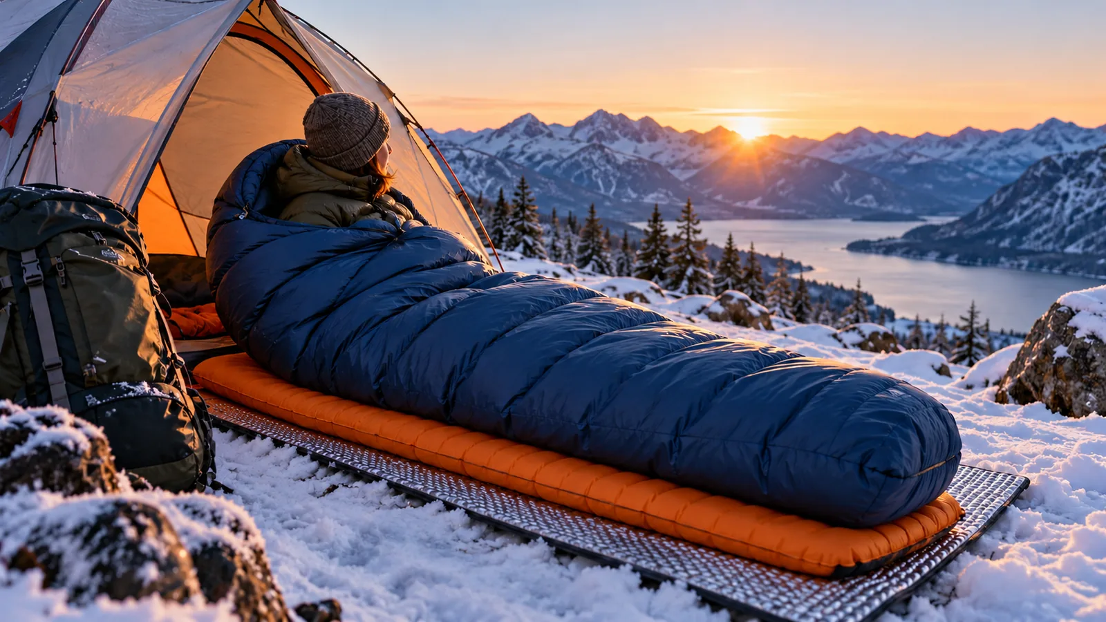 A bundled camper rests in a sleeping bag on an insulated pad beside a tent in a snowy mountain campsite.