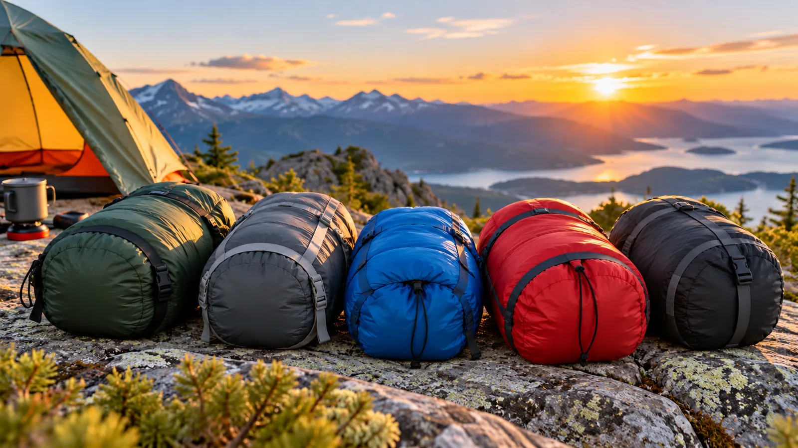 Colorful sleeping bags and stuff sacks at a mountain campsite.