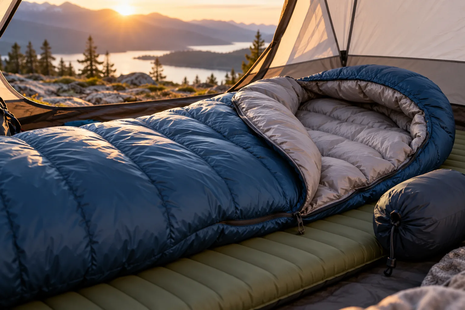 A lofty blue down sleeping bag lies partly open inside a tent beside a compact stuff sack.