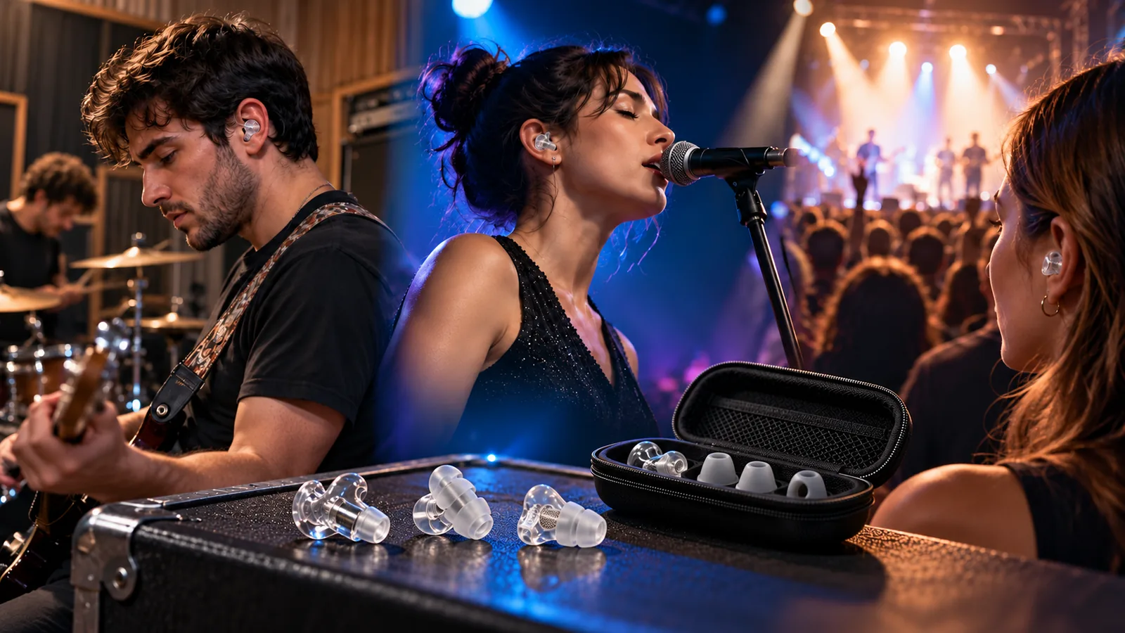 Musicians perform under stage lights while several clear acoustic earplugs and a case are displayed in front.