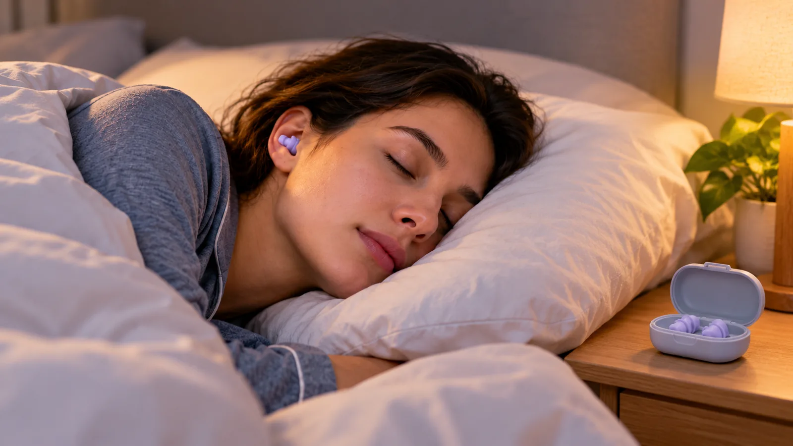 A side sleeper wearing a purple earplug, with a matching pair in an open case on the bedside table.