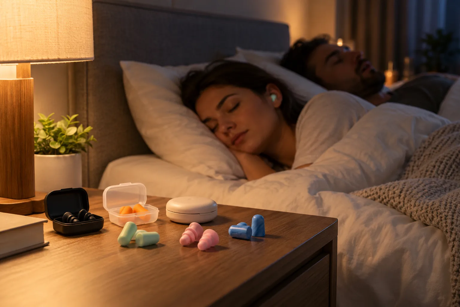 Foam and silicone earplugs sit on a nightstand beside a sleeping couple.
