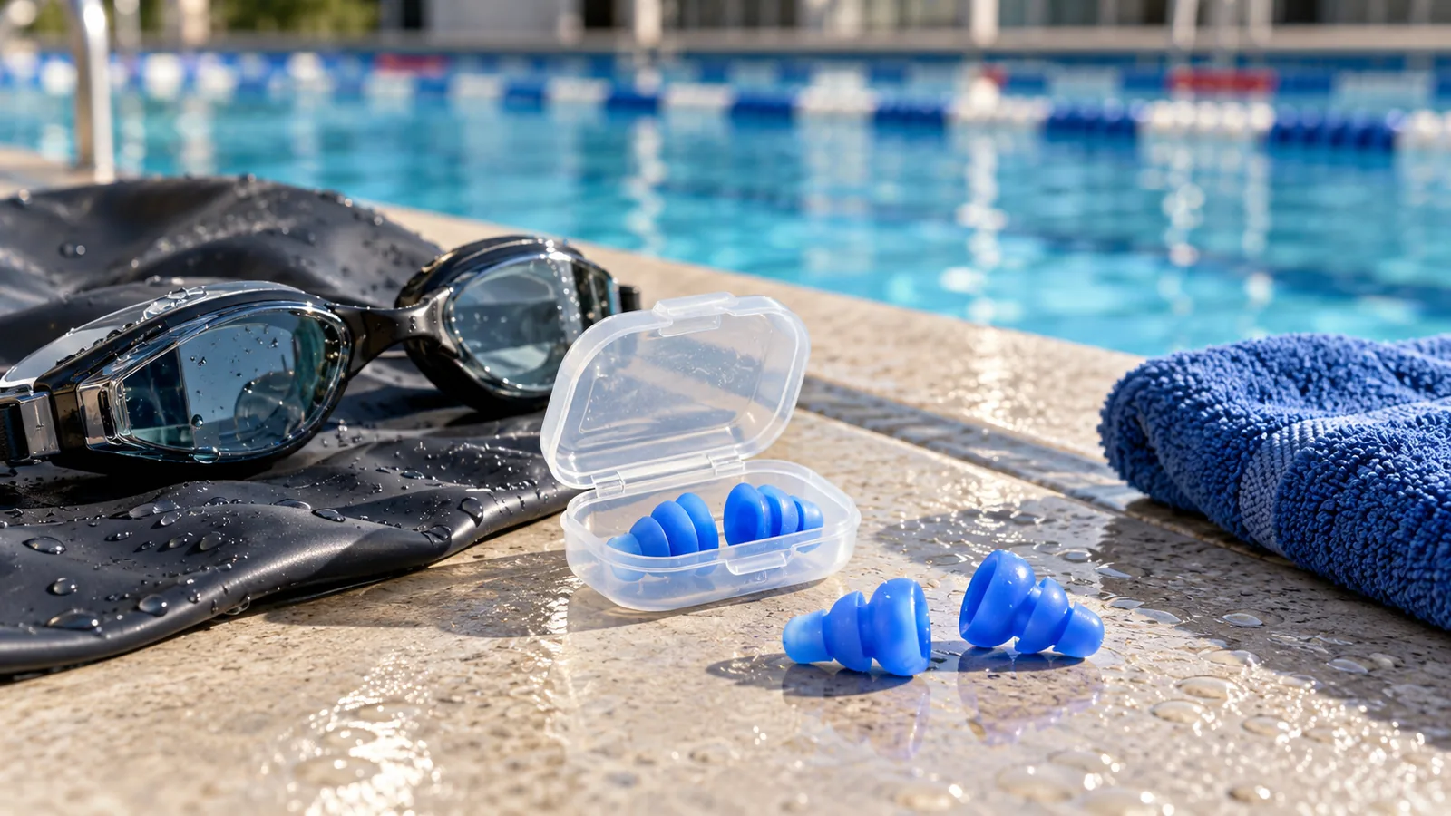 Blue swimming earplugs in an open storage case sit beside swim goggles and a towel at a pool.