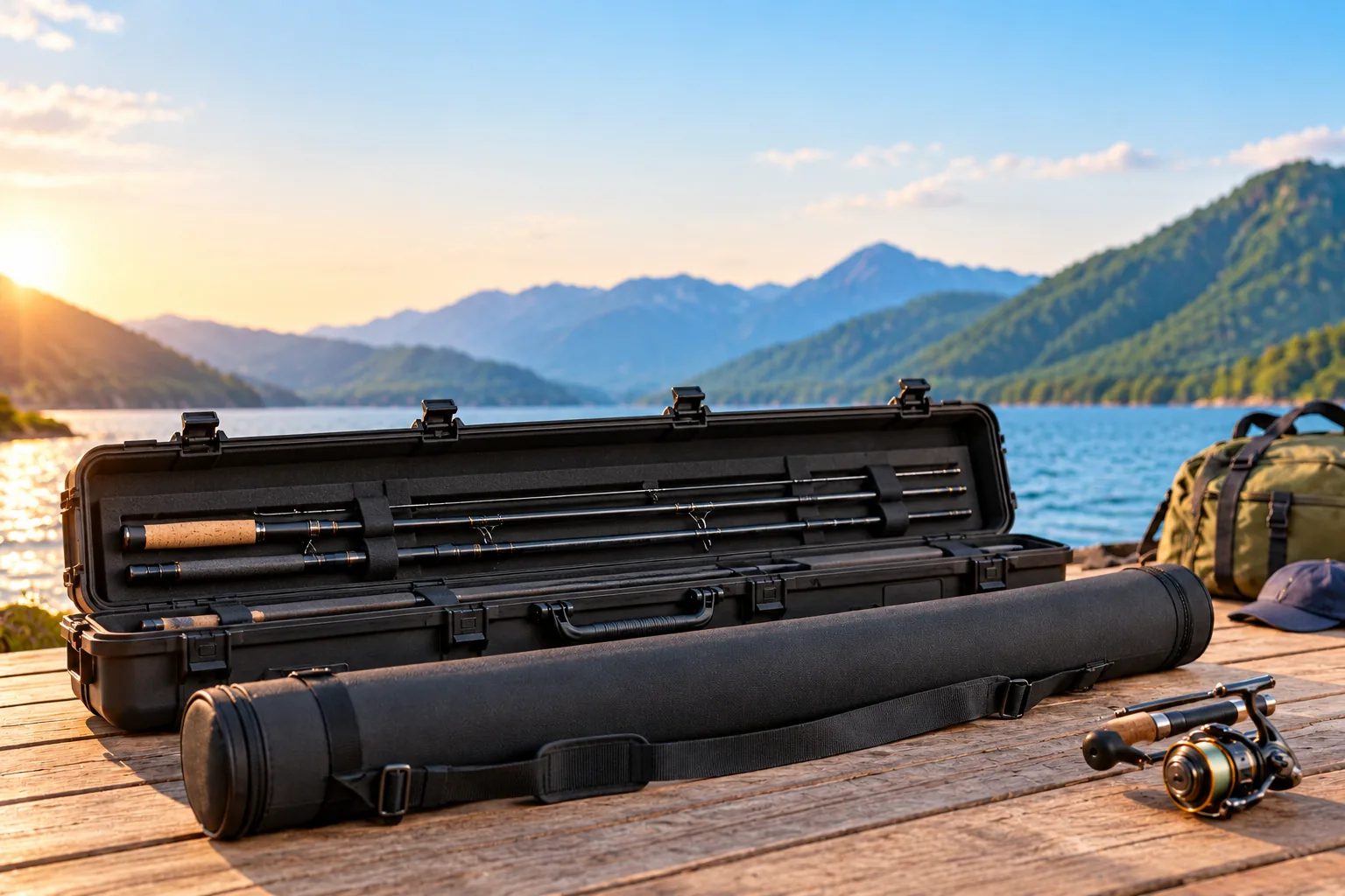 Fishing rods stored in an open hard travel case, with a separate long rod tube beside a lake.