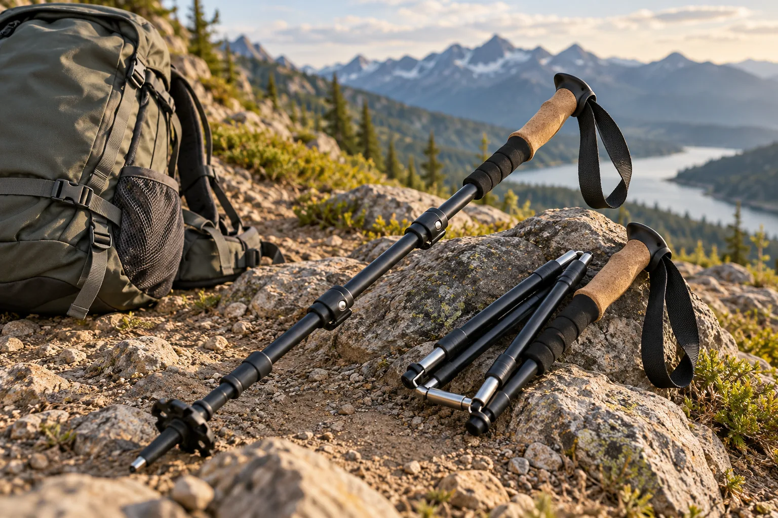 An extended trekking pole beside folded collapsible poles on a rocky mountain trail.