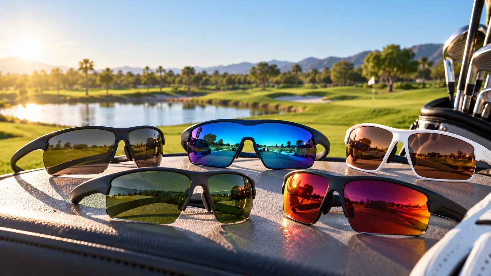 Five sports sunglasses with different lens tints arranged on a golf course.