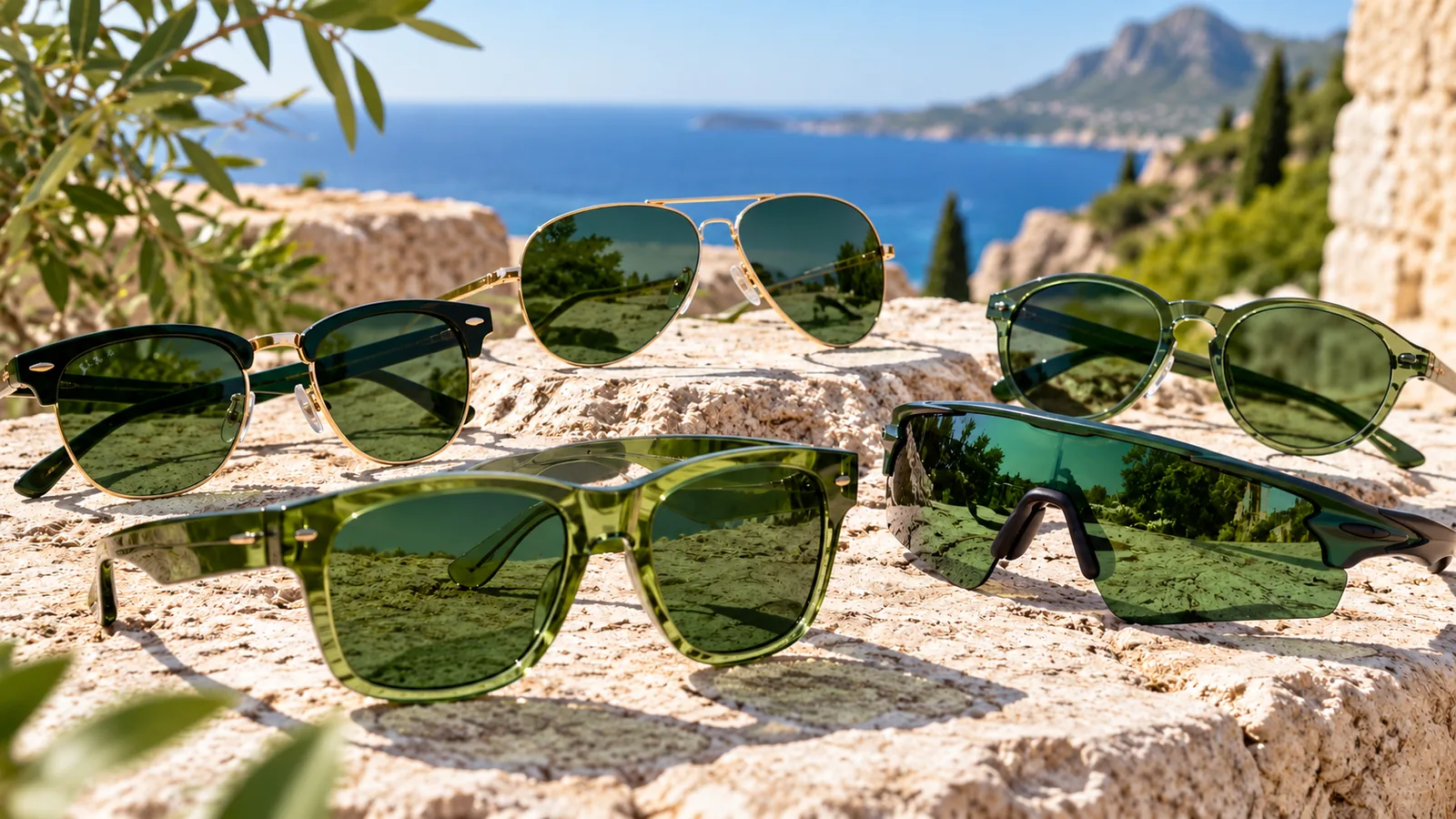 Several sunglasses with green-tinted lenses and frames are arranged on a seaside stone surface.