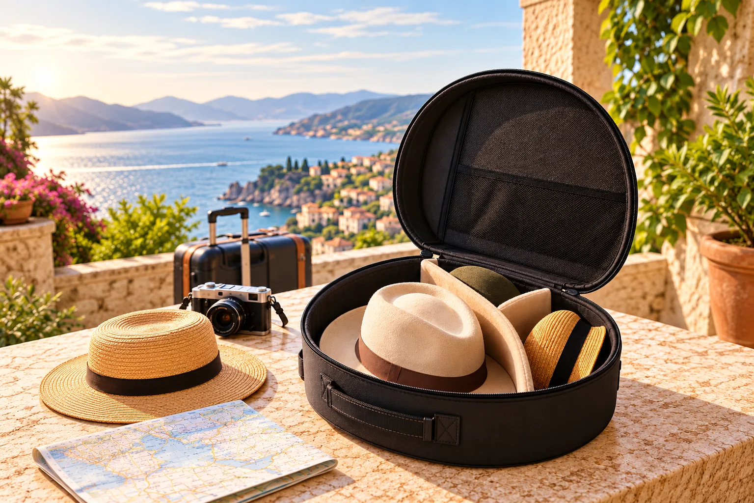 An open round travel case holding several hats sits on a stone table beside luggage and a map.