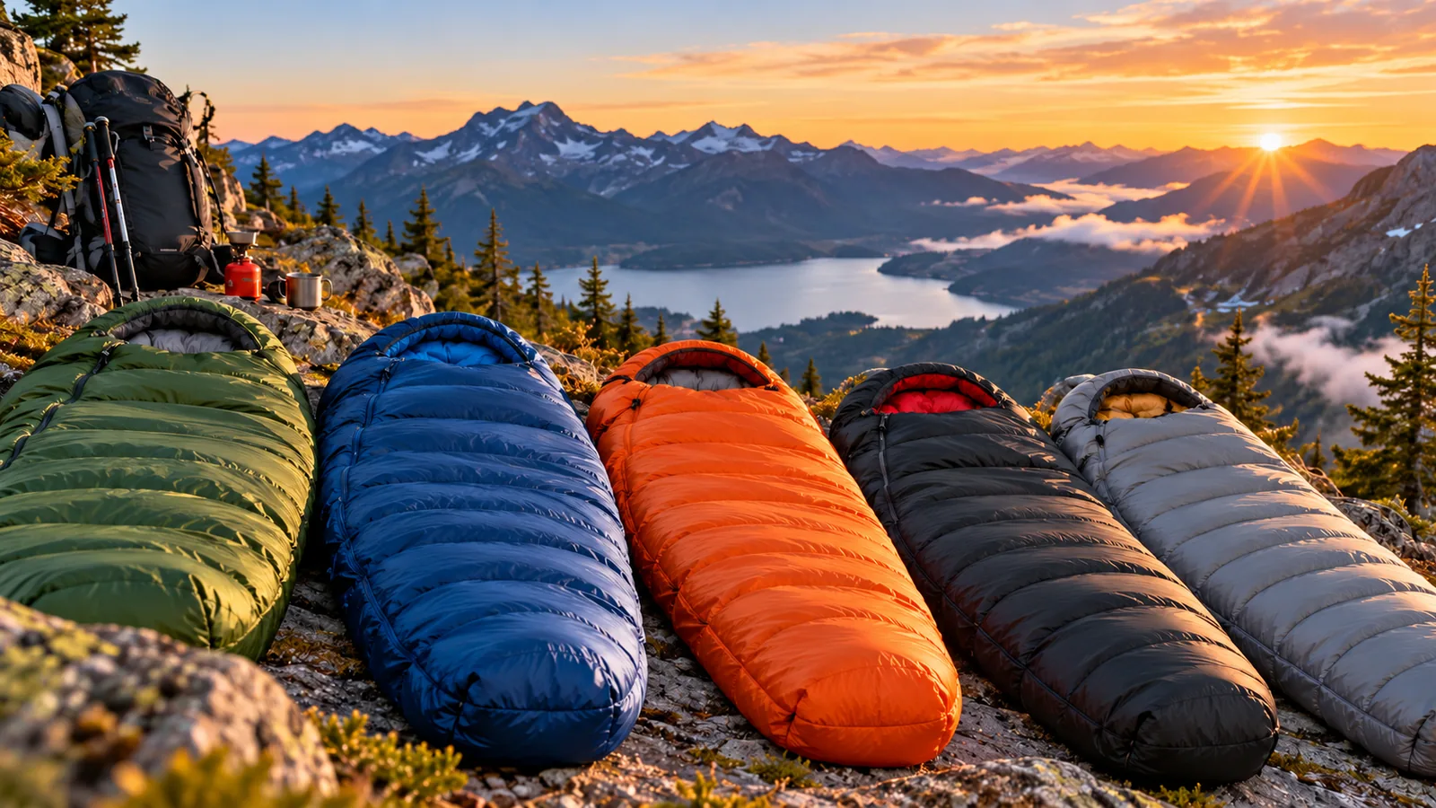 Several sleeping bags in different colors are laid out beside a backpack at a mountain campsite.
