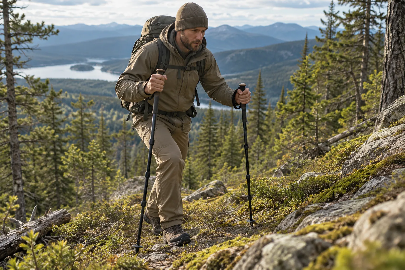 A hiker using trekking poles on a forest trail.