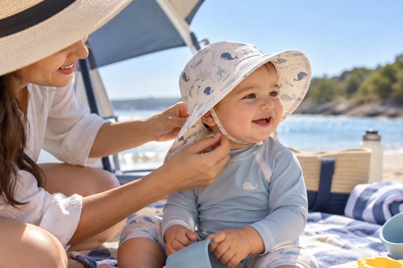 An adult adjusts an infant’s sun hat outdoors.