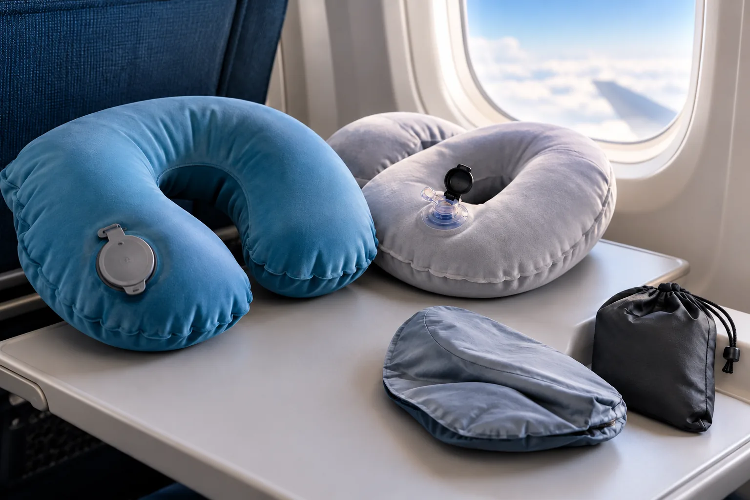 Two U-shaped inflatable travel pillows with visible valves and a compact pouch on an airplane tray table.
