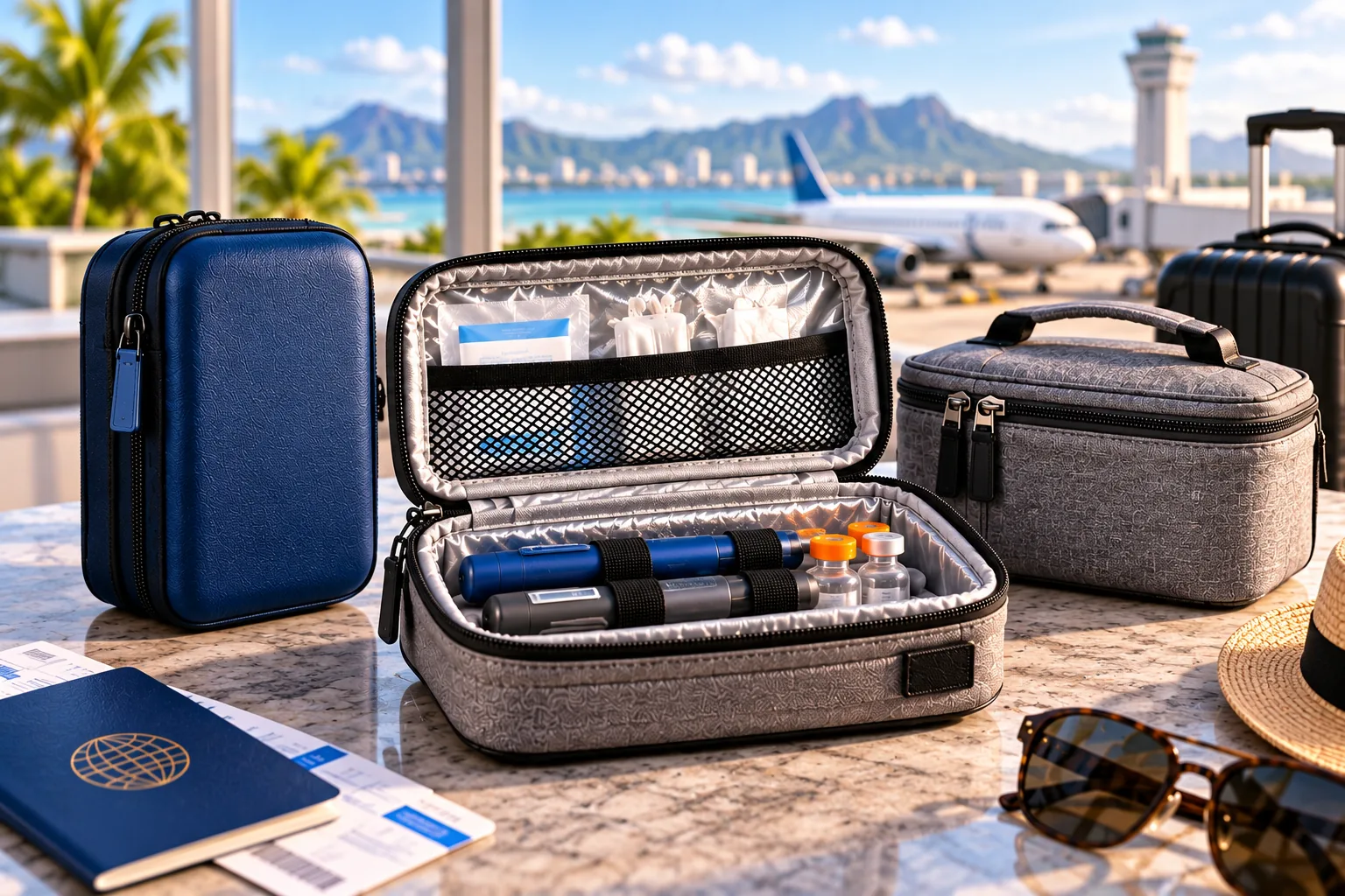 An open insulated travel case containing medication pens and small vials sits between two closed cases at an airport.