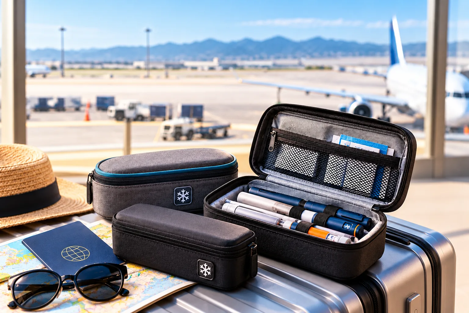 Open insulated insulin travel case with insulin pens centered beside a closed case and luggage at an airport.