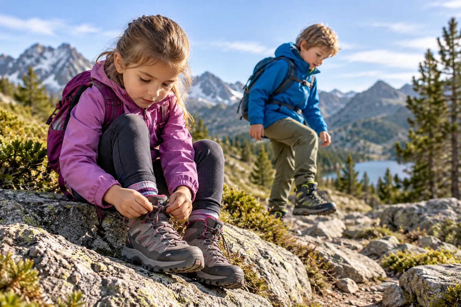 A child ties hiking boots on a rocky trail while another young hiker explores nearby.