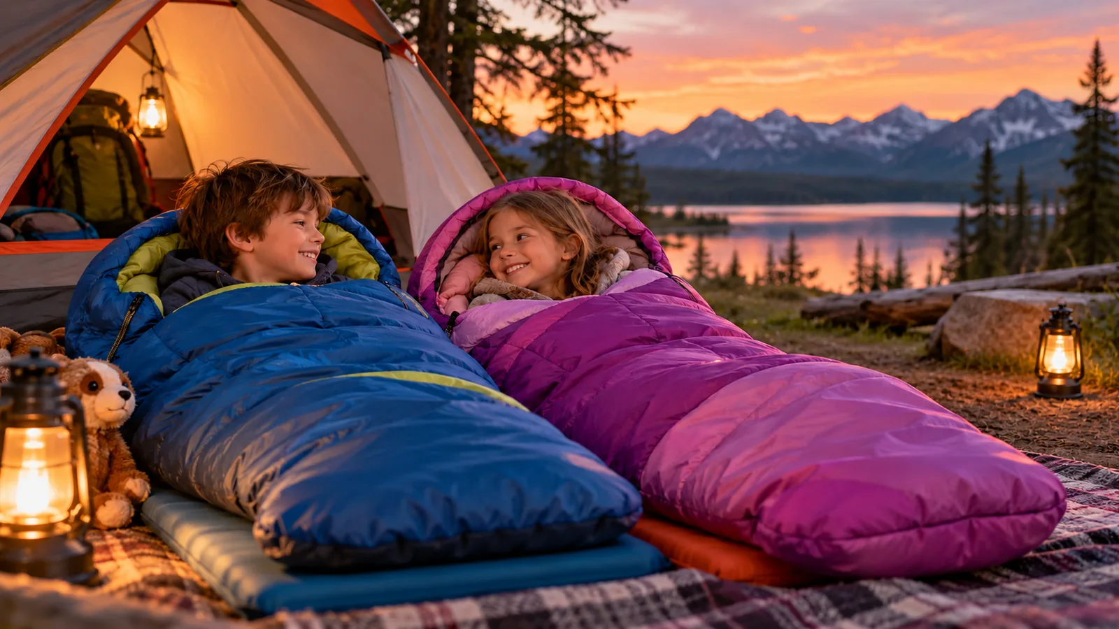 Two children rest in blue and pink sleeping bags beside a tent at a mountain campsite.