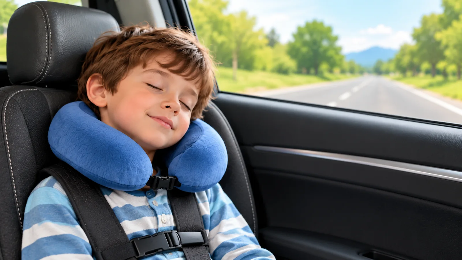 A child wearing a blue U-shaped travel neck pillow sits buckled into a car seat.