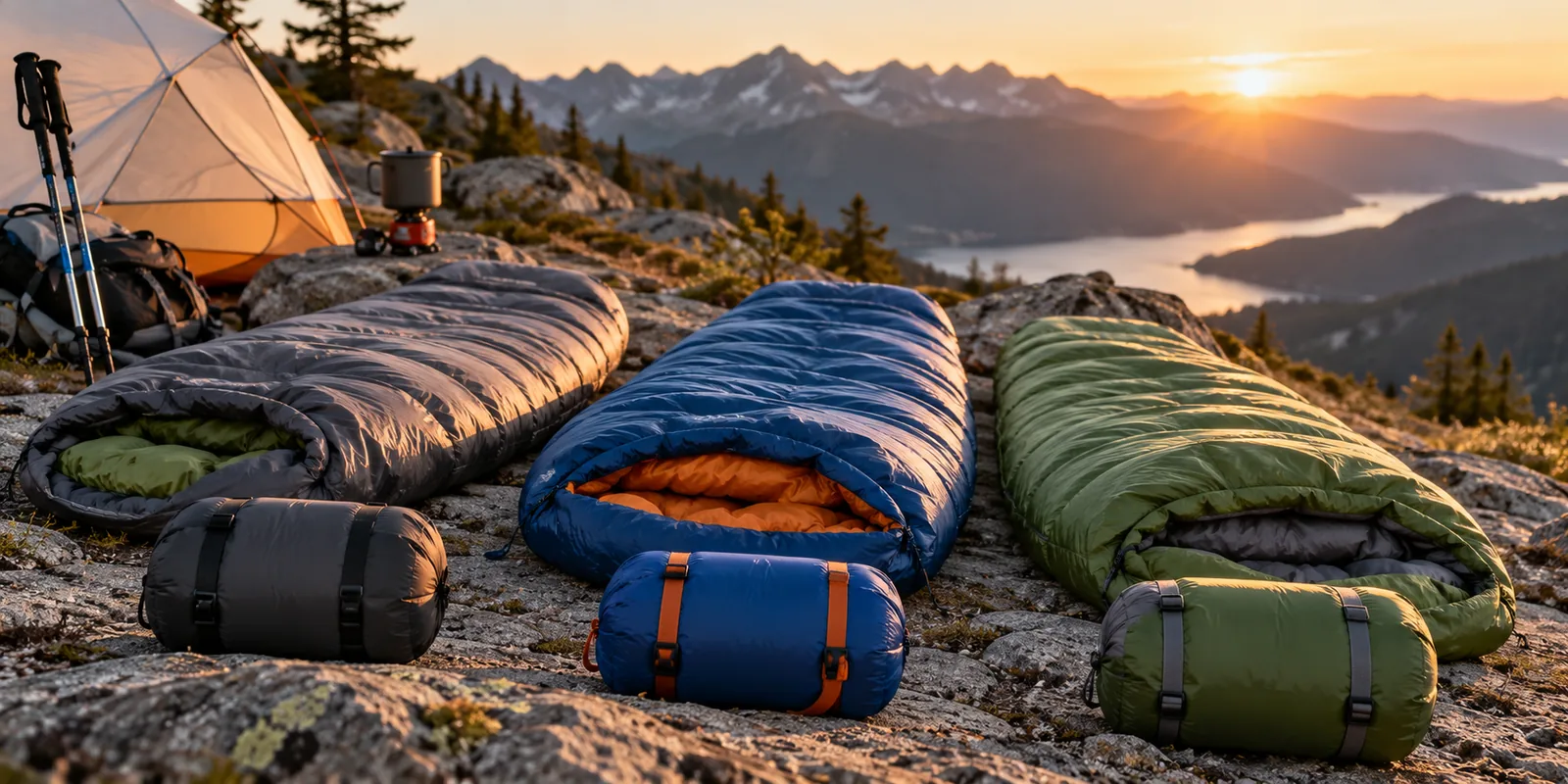 Several sleeping bags and stuff sacks at a mountain campsite.