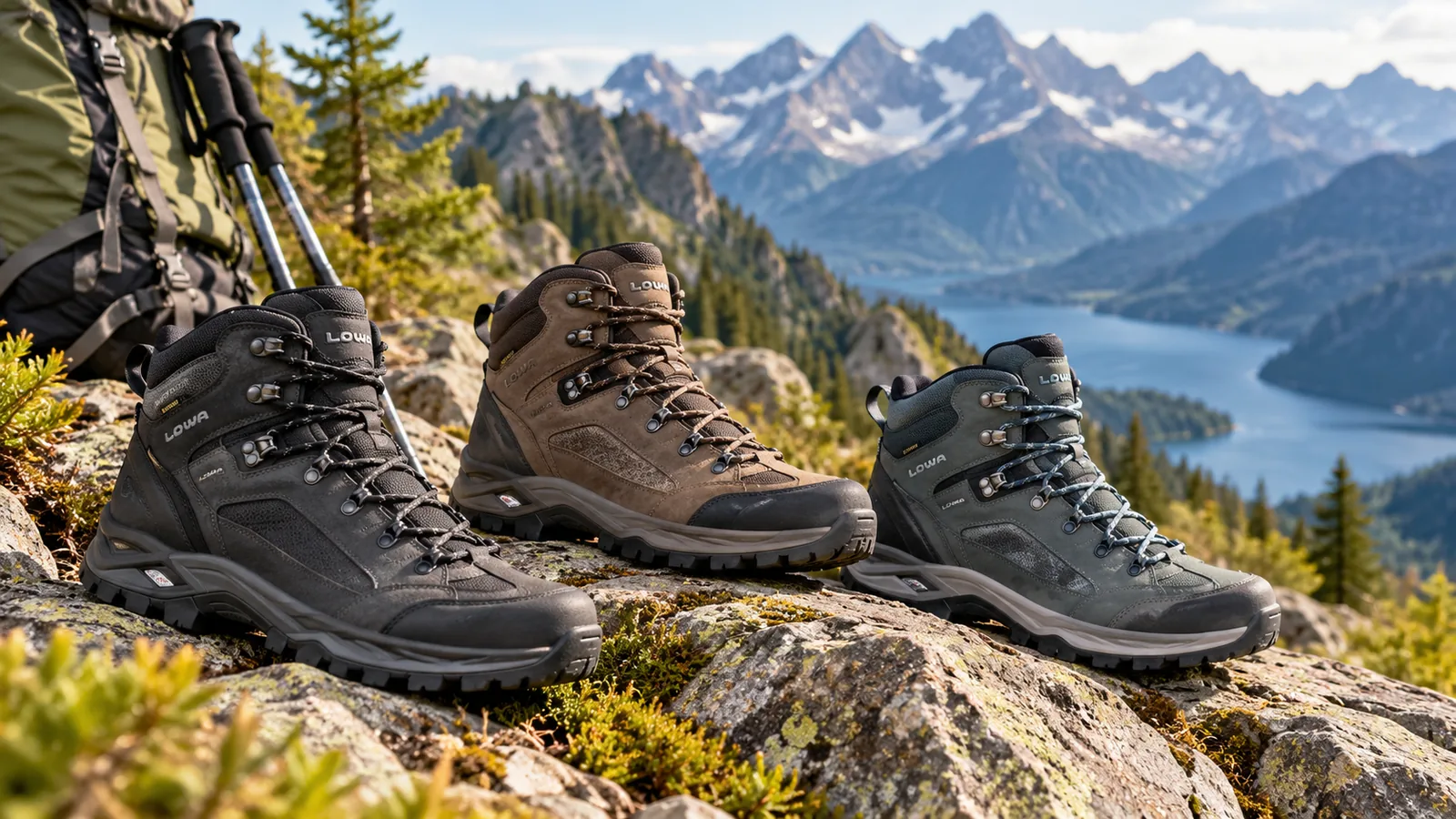 Three hiking boots in different styles are arranged on a rocky mountain trail.