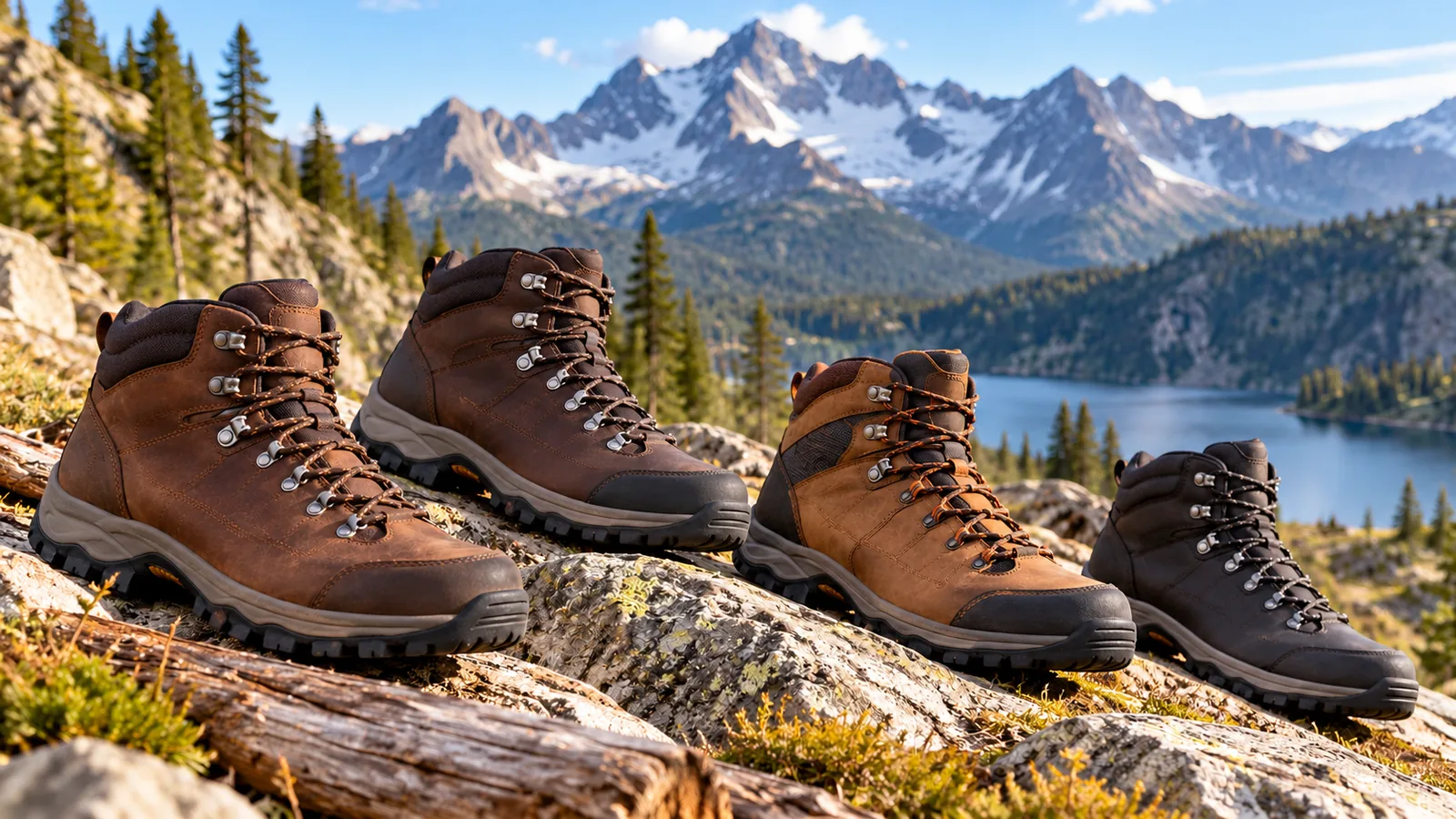 Several brown leather hiking boots are arranged on a rocky alpine trail.