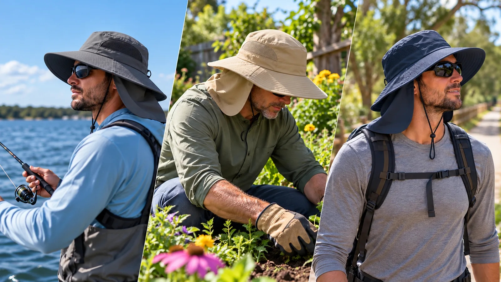 Men wearing wide-brim sun hats fish, garden, and walk outdoors.