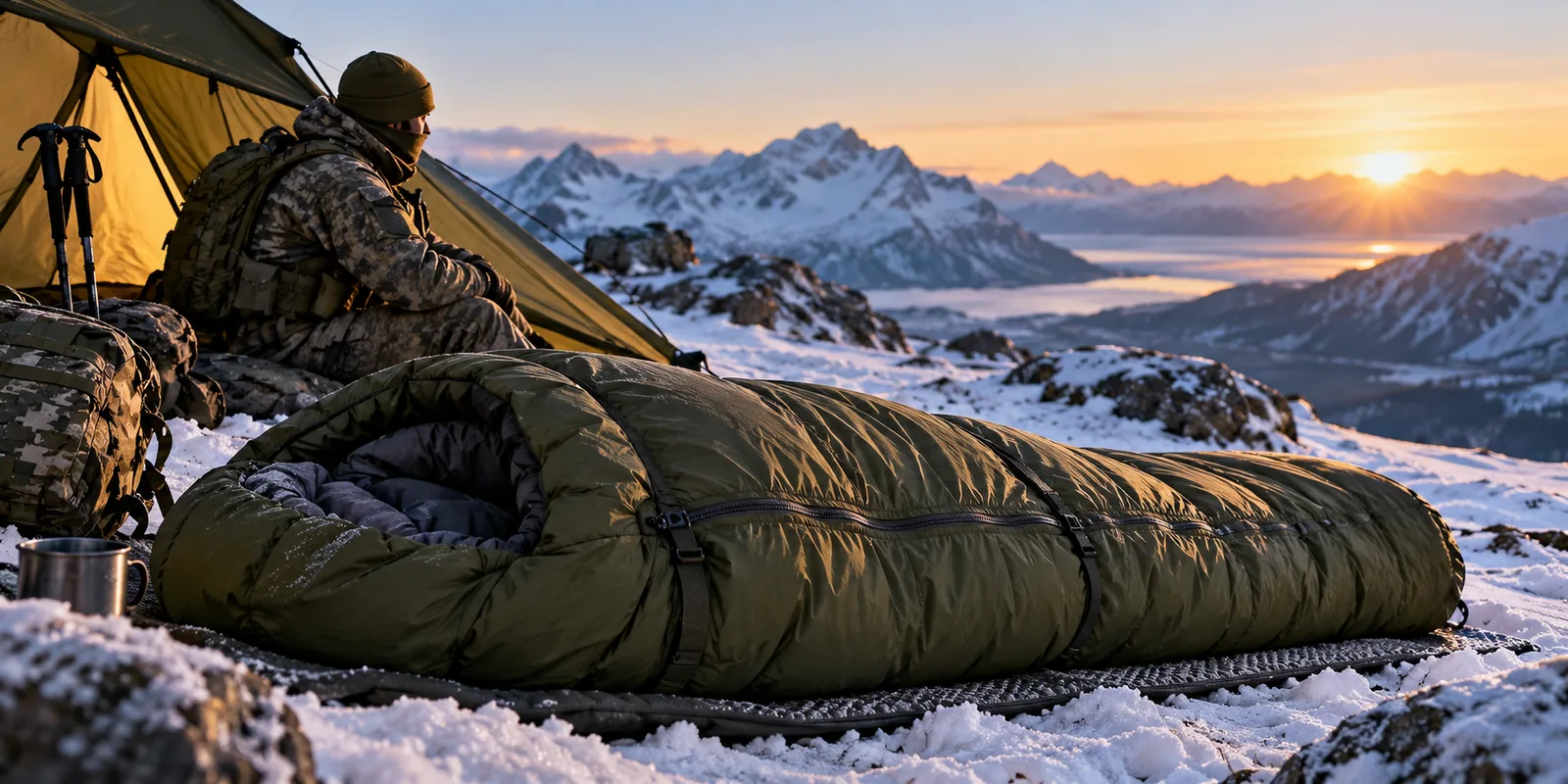 An insulated sleeping bag lies at a snowy mountain campsite beside a bundled camper.