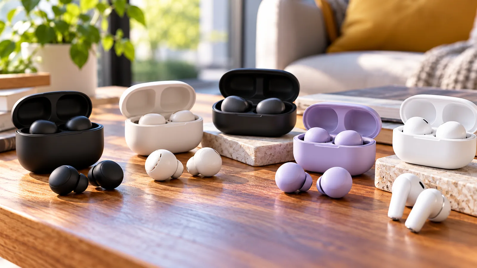 Compact earbuds and open charging cases in black, white and lavender sit on a wooden table.