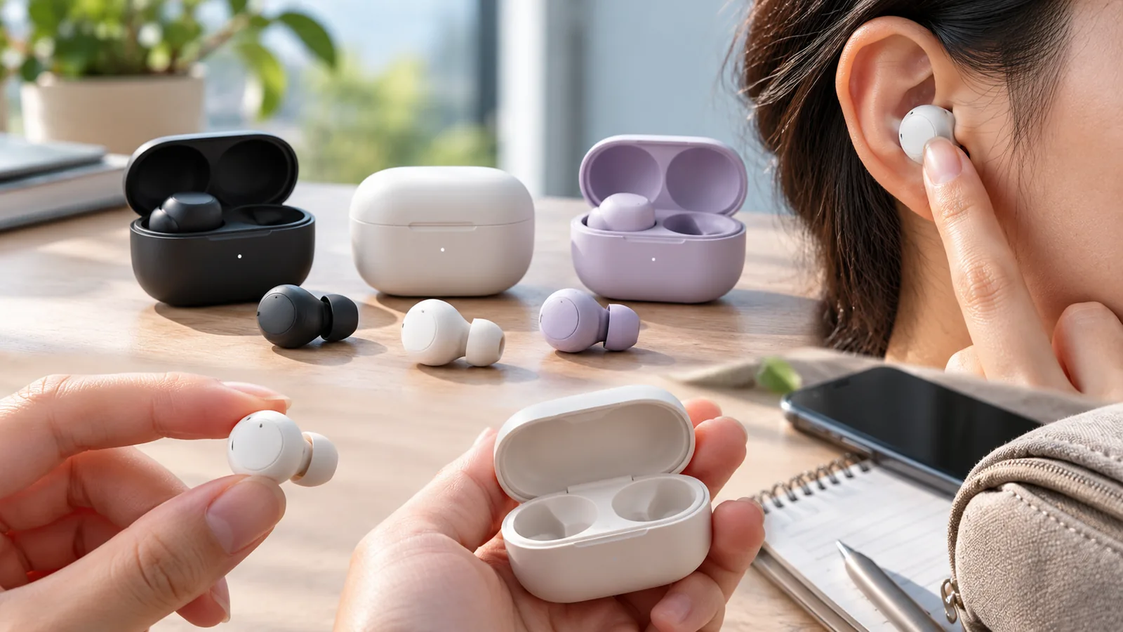 A person places a compact wireless earbud in her ear beside several earbuds and charging cases.