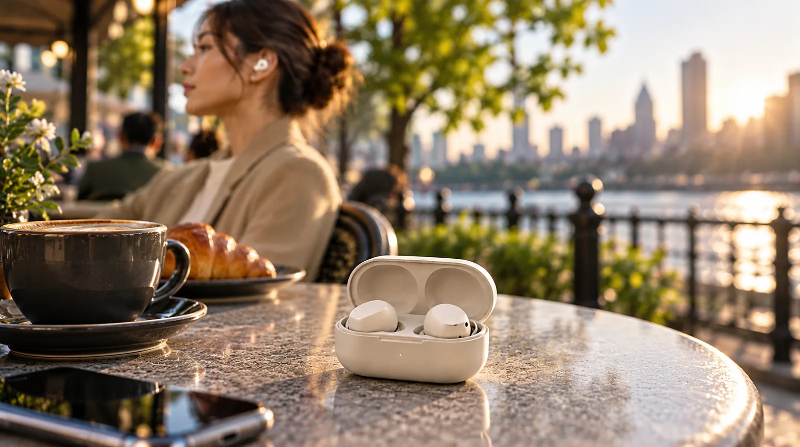 An open wireless-earbud charging case with two compact earbuds sits on a café table while a commuter wears an earbud in the background.