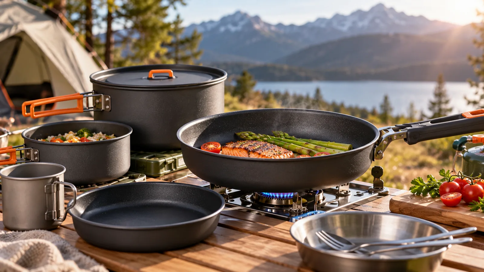 Nonstick camping cookware, including pots and a frying pan with food, is arranged around a lit camp stove beside a tent.