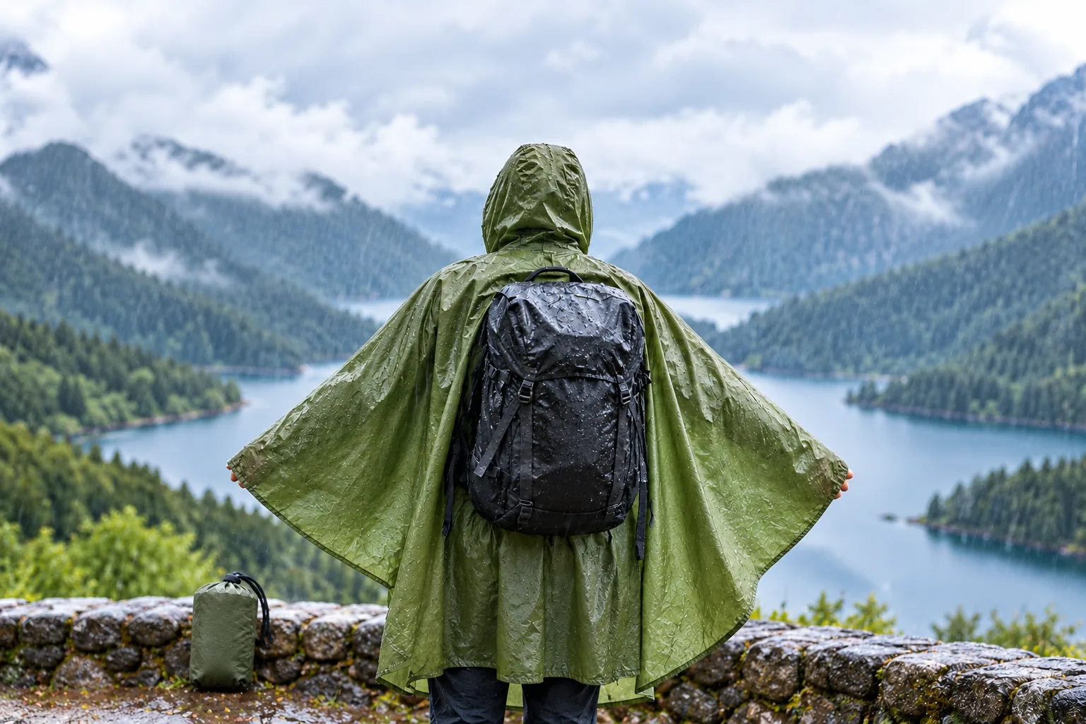 A hiker wears a green rain poncho over a backpack on a rainy mountain trail, with a small stuff sack beside the trail.