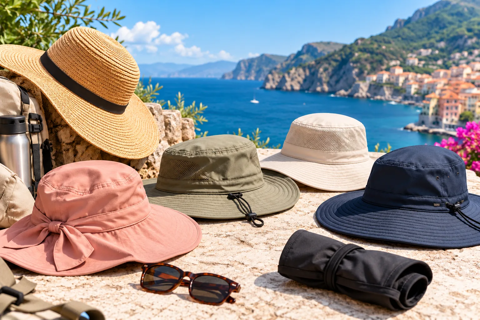 Several sun hats in different styles, with one dark hat rolled on a seaside table.