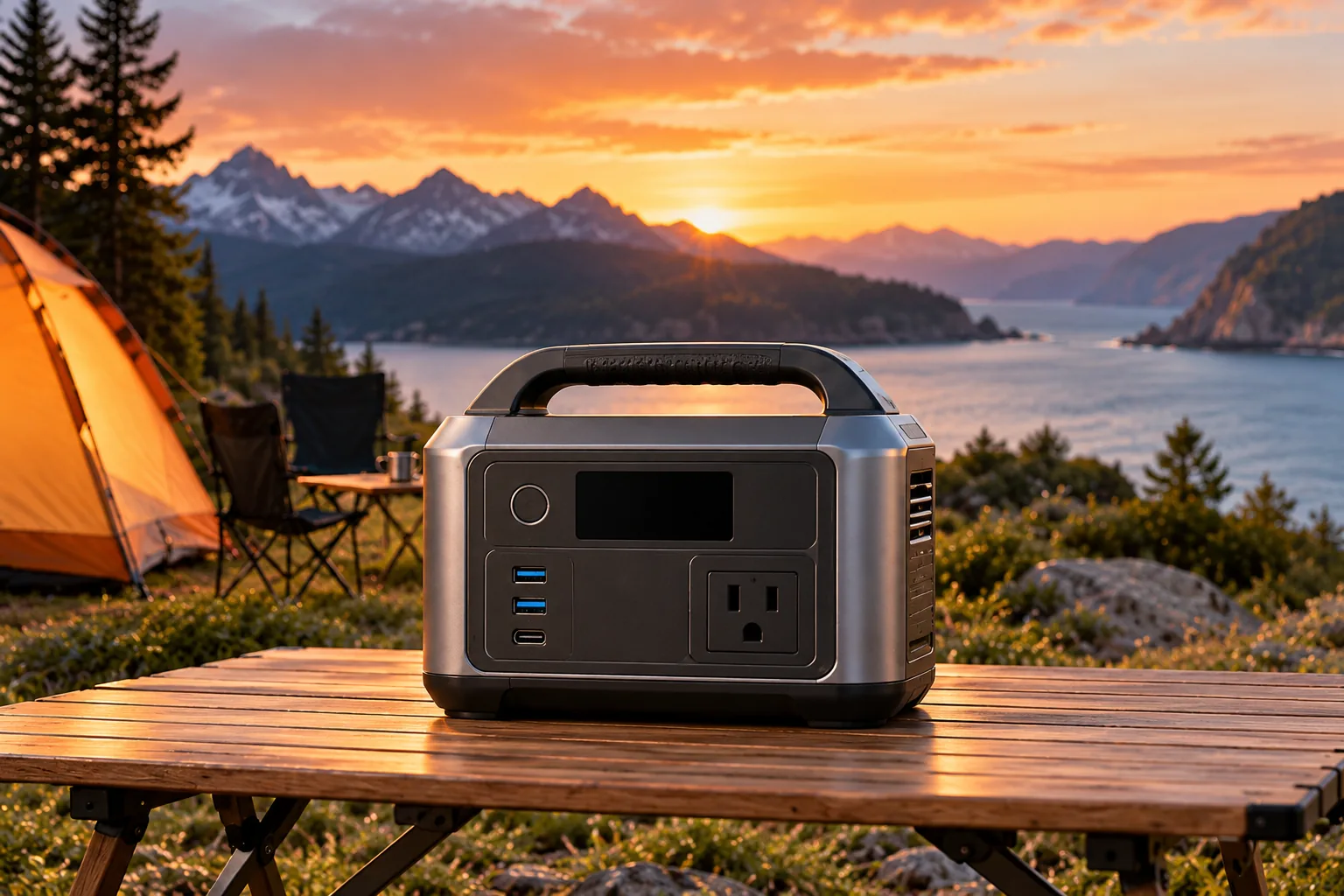 A portable power station with an AC-style outlet and USB ports sits on a campsite table at sunset.