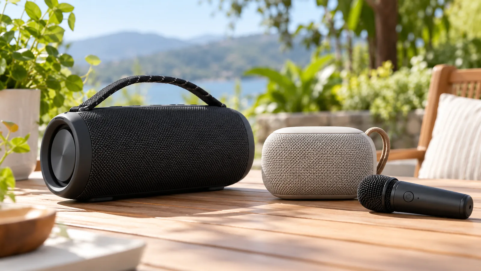 A large portable Bluetooth speaker, a smaller speaker and a handheld microphone on a patio table.