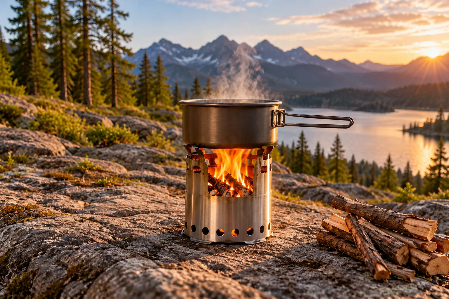 A compact wood stove heats a pot on a rocky campsite with a small stack of firewood nearby.