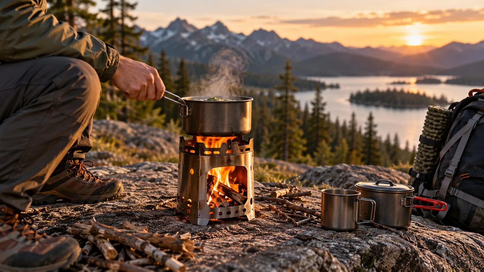 A backpacker cooks on a compact wood-burning stove beside a hiking pack at a lakeside campsite.