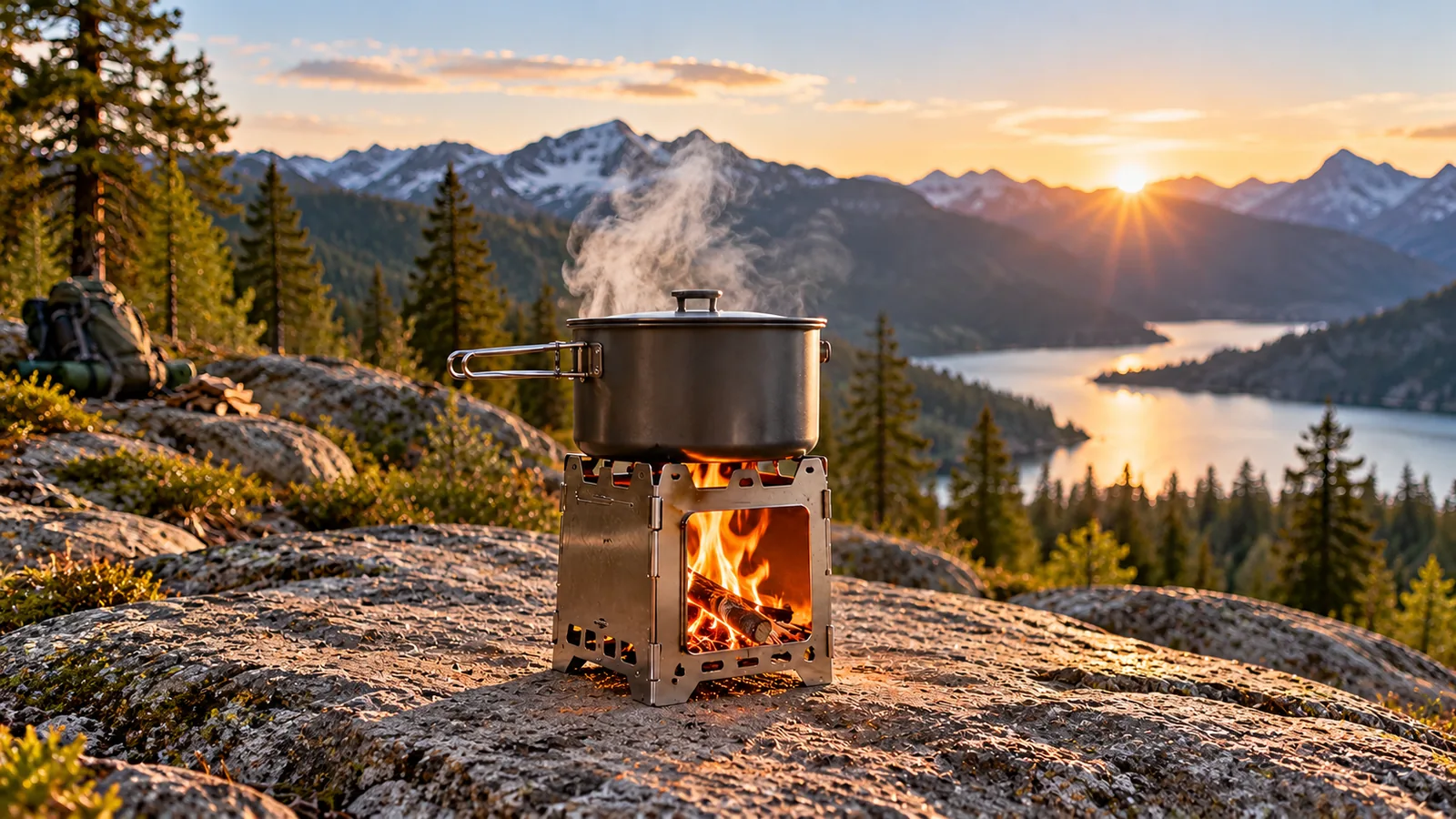 A compact wood-burning camp stove with a pot on an open rocky campsite at sunset.