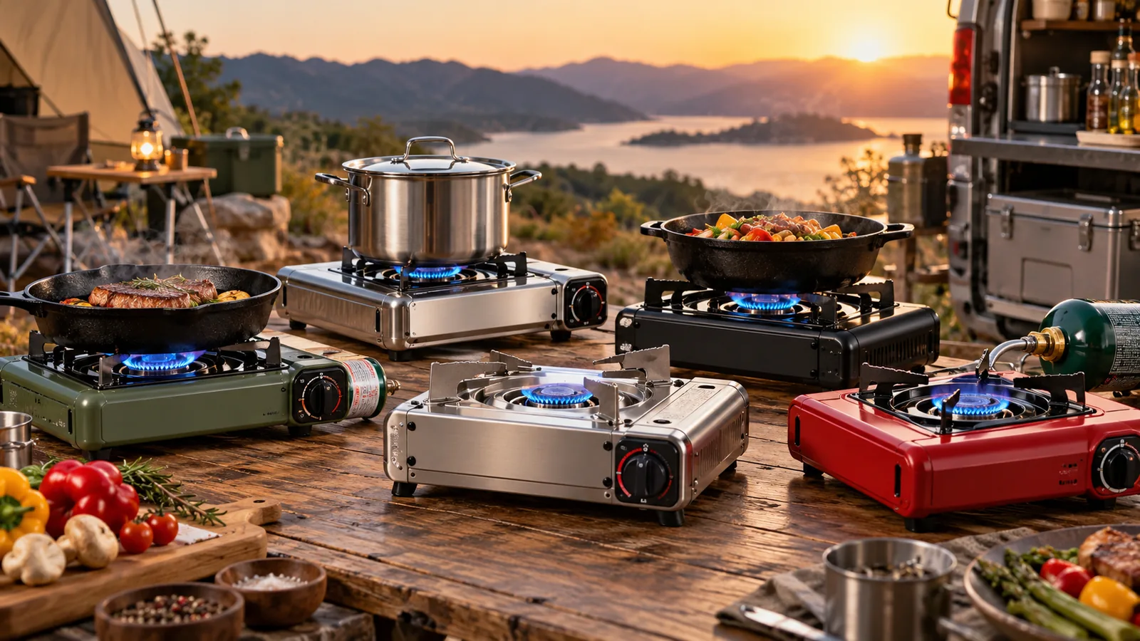 Several portable gas stoves with pots and pans are arranged on an outdoor camp table.