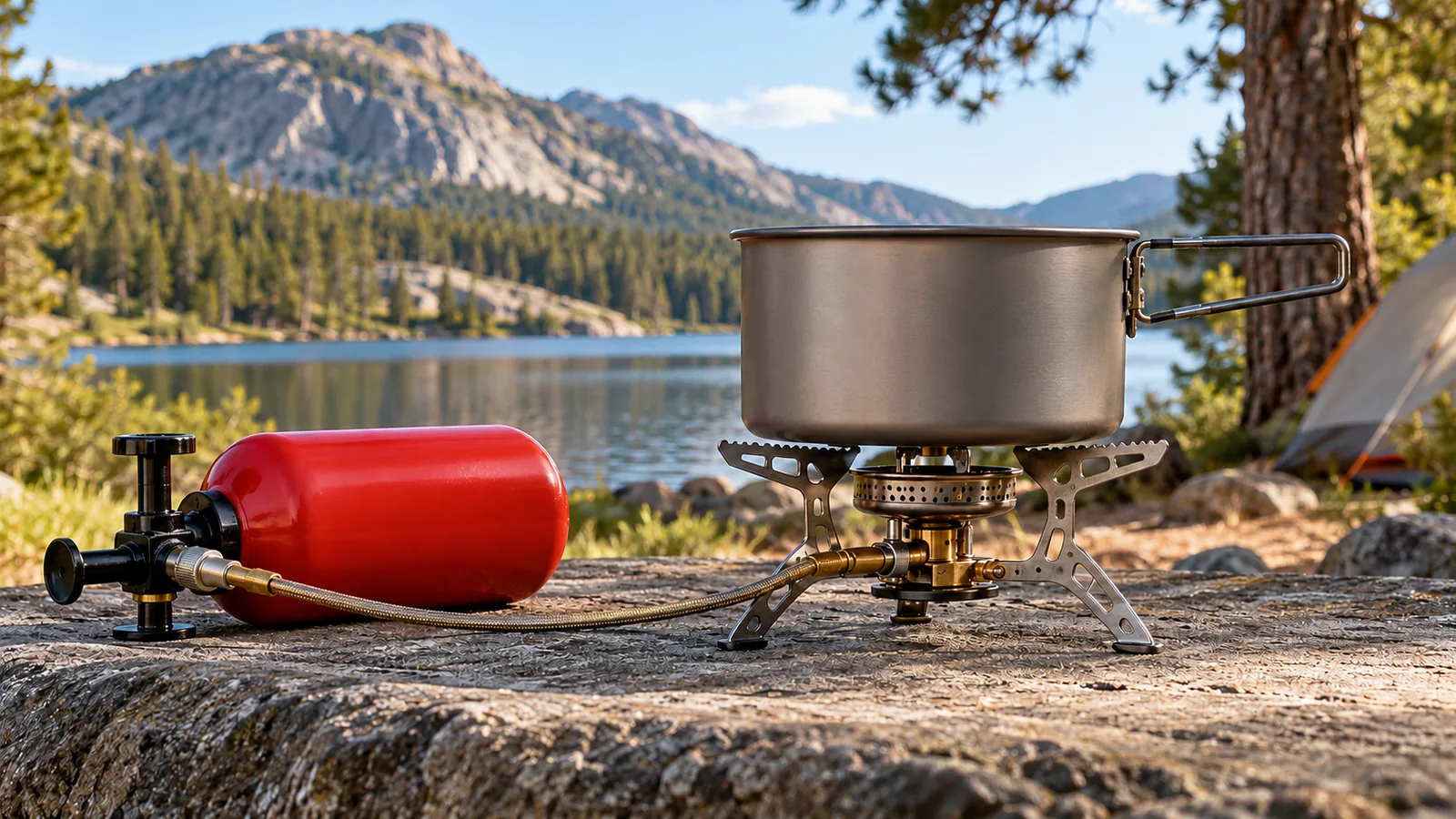 A compact generic liquid-fuel camp stove and plain pot sit beside a red unmarked fuel bottle with pump at a mountain campsite.