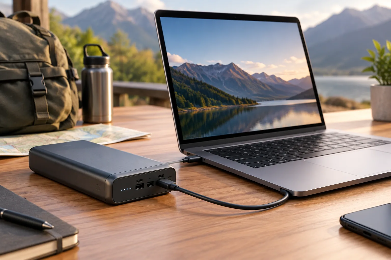 A portable power bank is connected by cable to a laptop on an outdoor table beside a backpack.