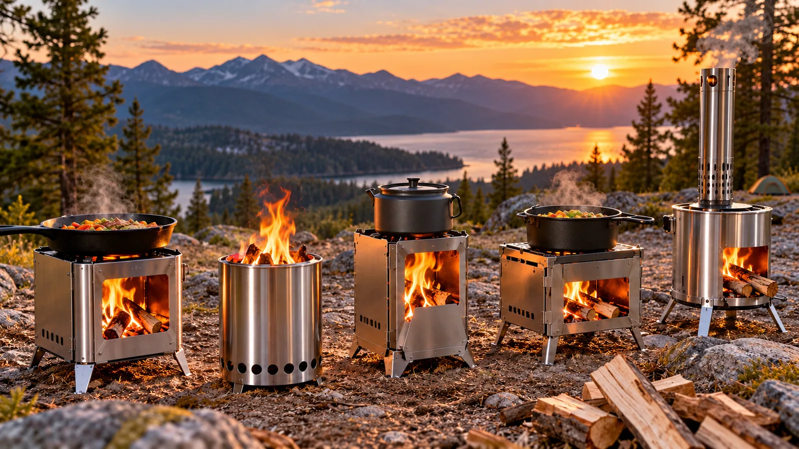 Several portable log-burning stoves with stovepipes and cookware sit on open ground at a mountain campsite.