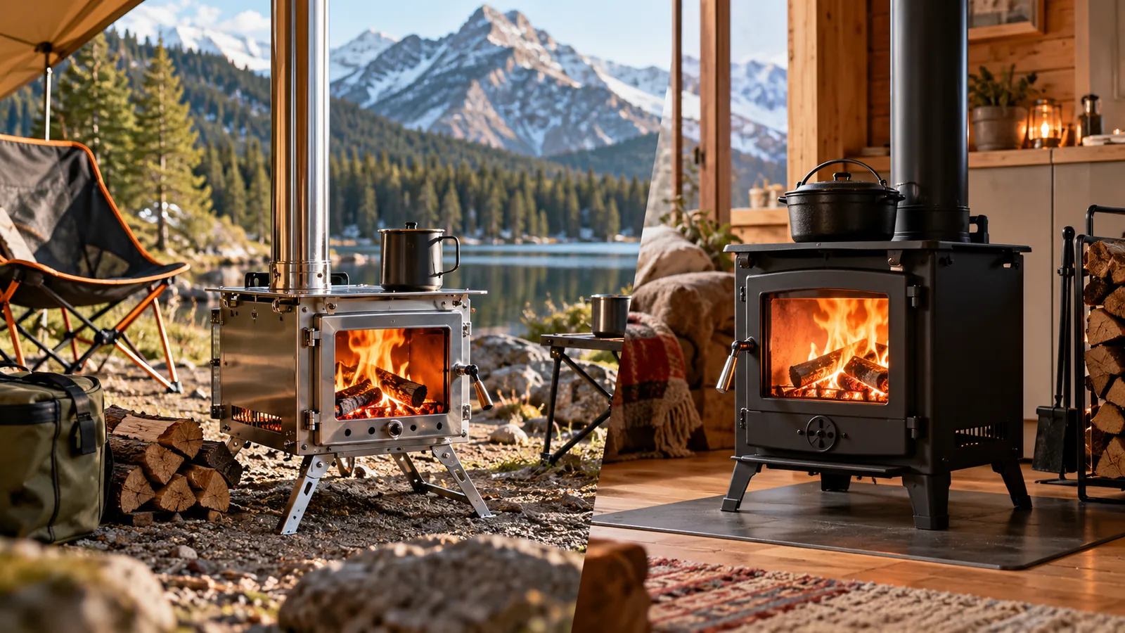 Portable wood stoves burning at a campsite and inside a vented cabin.