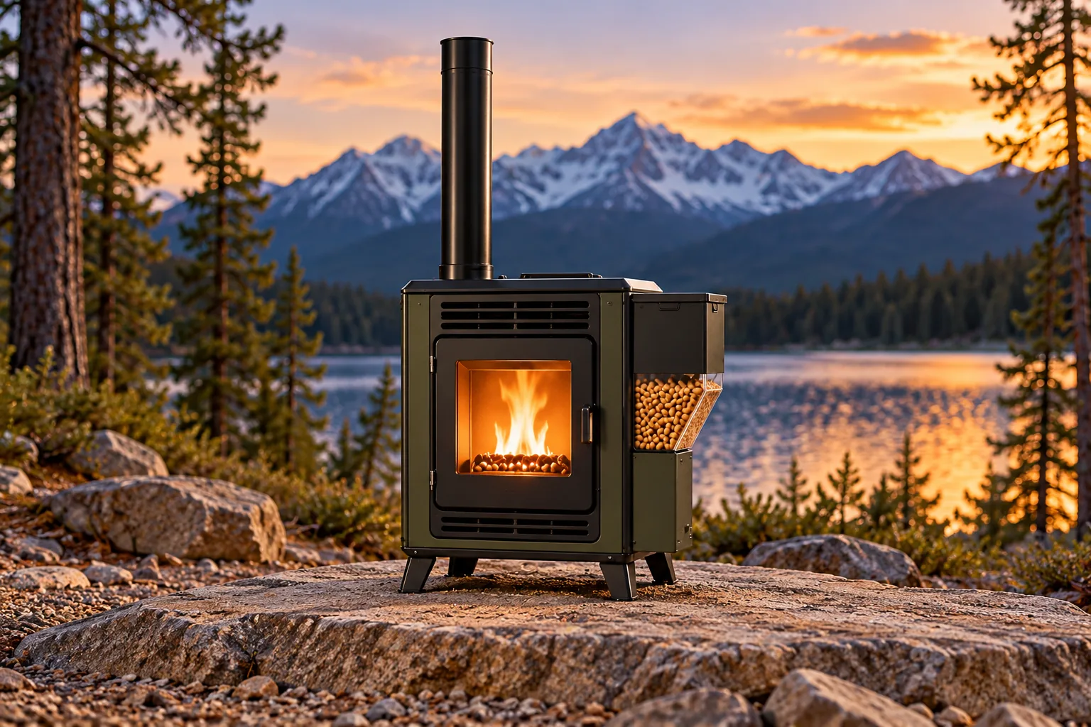 A portable pellet stove with a side hopper stands on a rocky campsite at dusk.