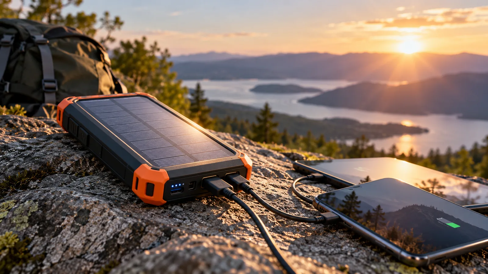 A solar power bank with a built-in panel is connected to mobile devices on a rocky overlook.