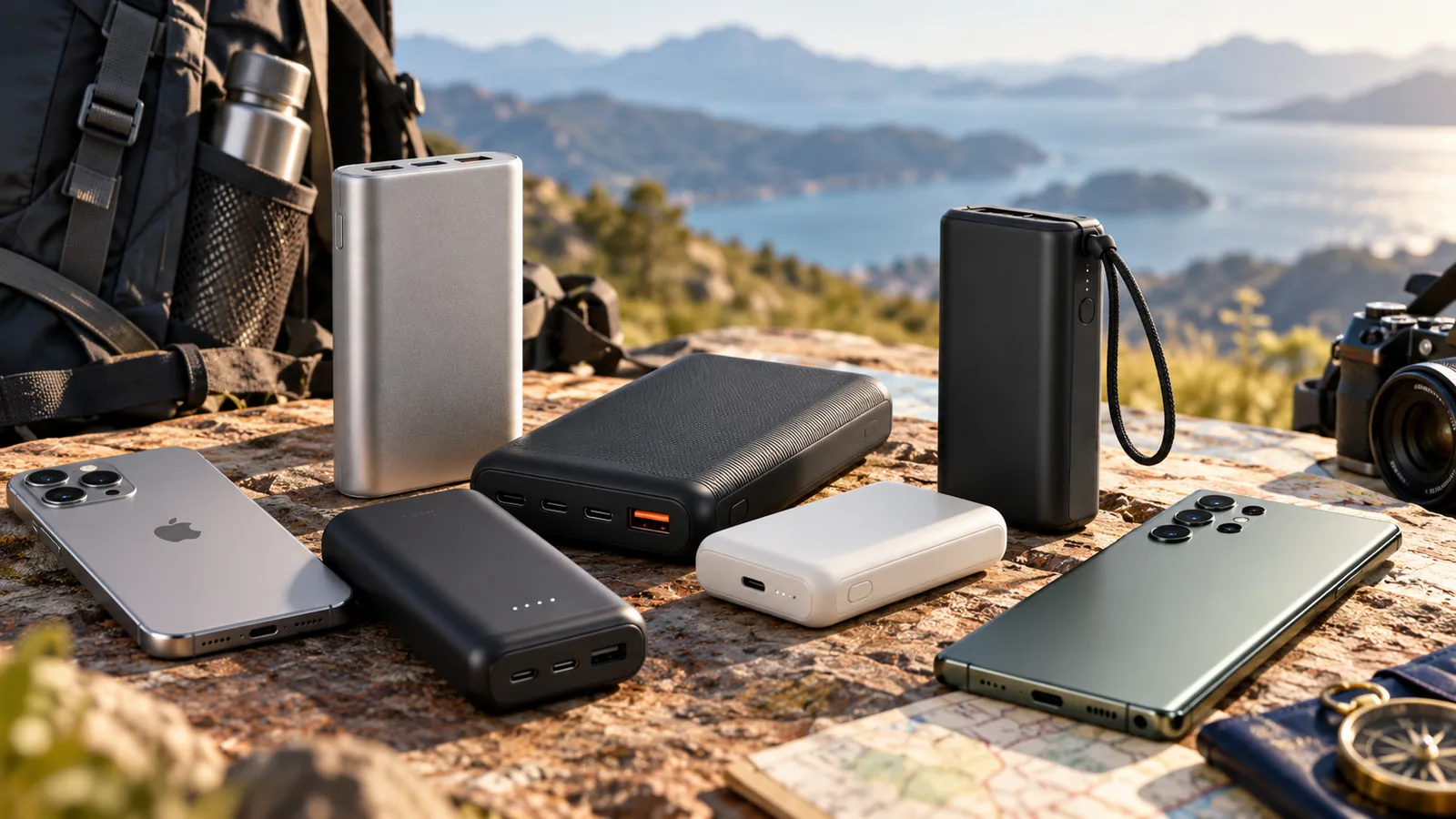 Several portable power banks and two smartphones are arranged on a rocky outdoor table beside a backpack.