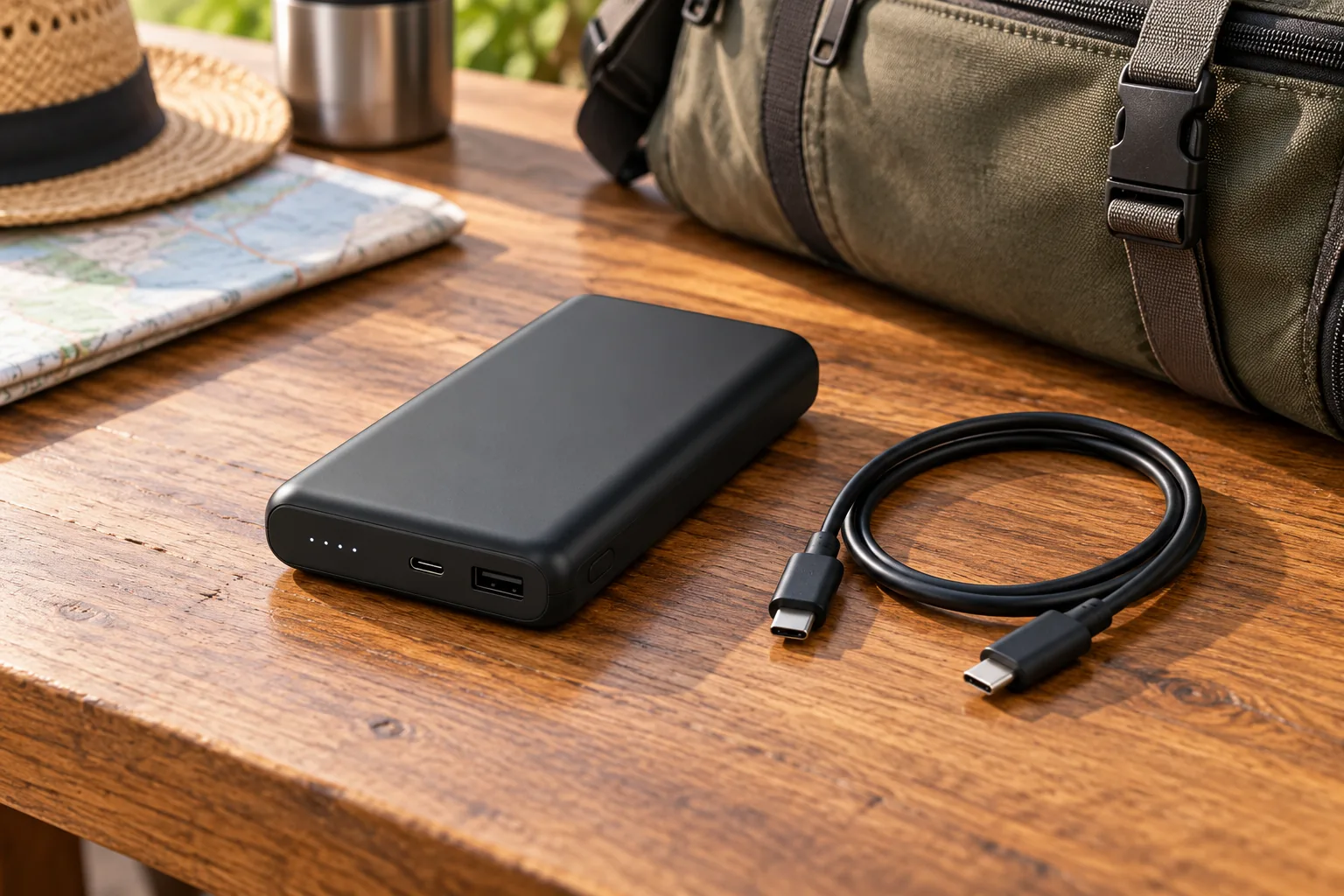 A generic black power bank and USB-C cable on a wooden table beside travel gear.