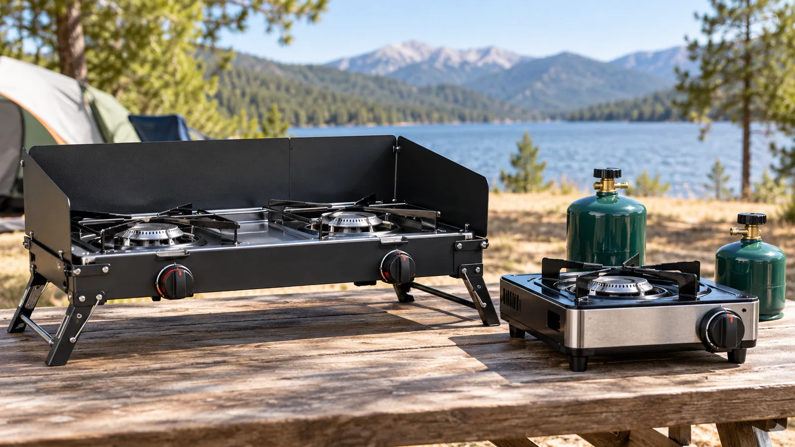 An unlit folding two-burner propane stove and a single-burner tabletop stove with separate upright fuel canisters on a picnic table.